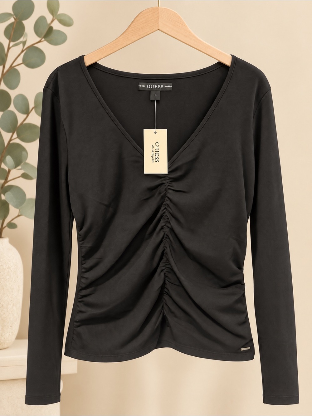 GUESS Black Ruched V-Neck Long Sleeve Women Top 🍁